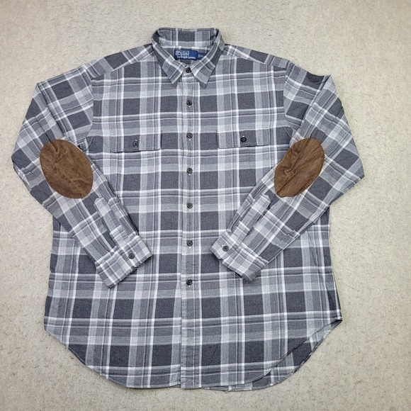 Vintage Polo Ralph Lauren Shirt Mens XL Gray Plaid Flannel Elbow Patches Western - Picture 1 of 8